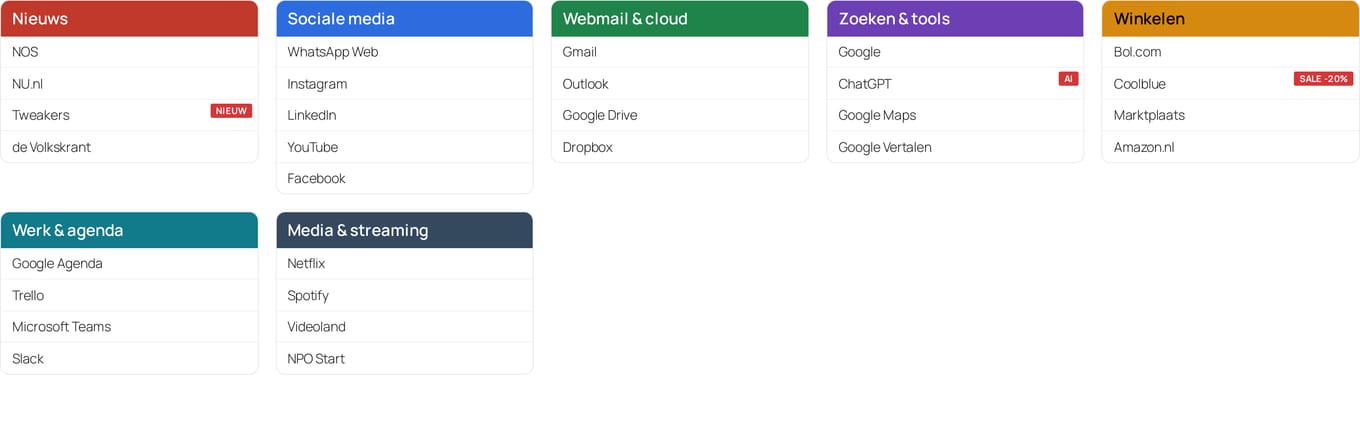 Startpagina met gekleurde rubriek-kaarten: Nieuws, Sociale media, Webmail & cloud, Zoeken & tools, Winkelen, Werk & agenda, Media & streaming.