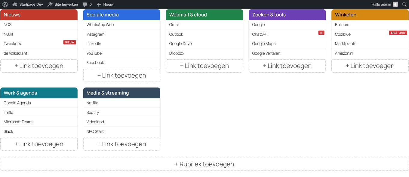 Voorkant met inline bewerken: knoppen om links en rubrieken toe te voegen.