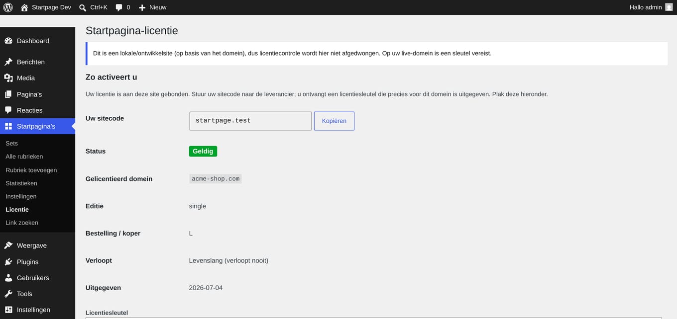 Licentiescherm met sitecode, geldige status en gelicentieerd domein.
